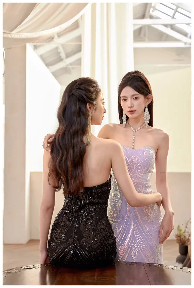 Shining Mermaid Sweetheart Sequin Tulle Black Floor Length Prom Dress