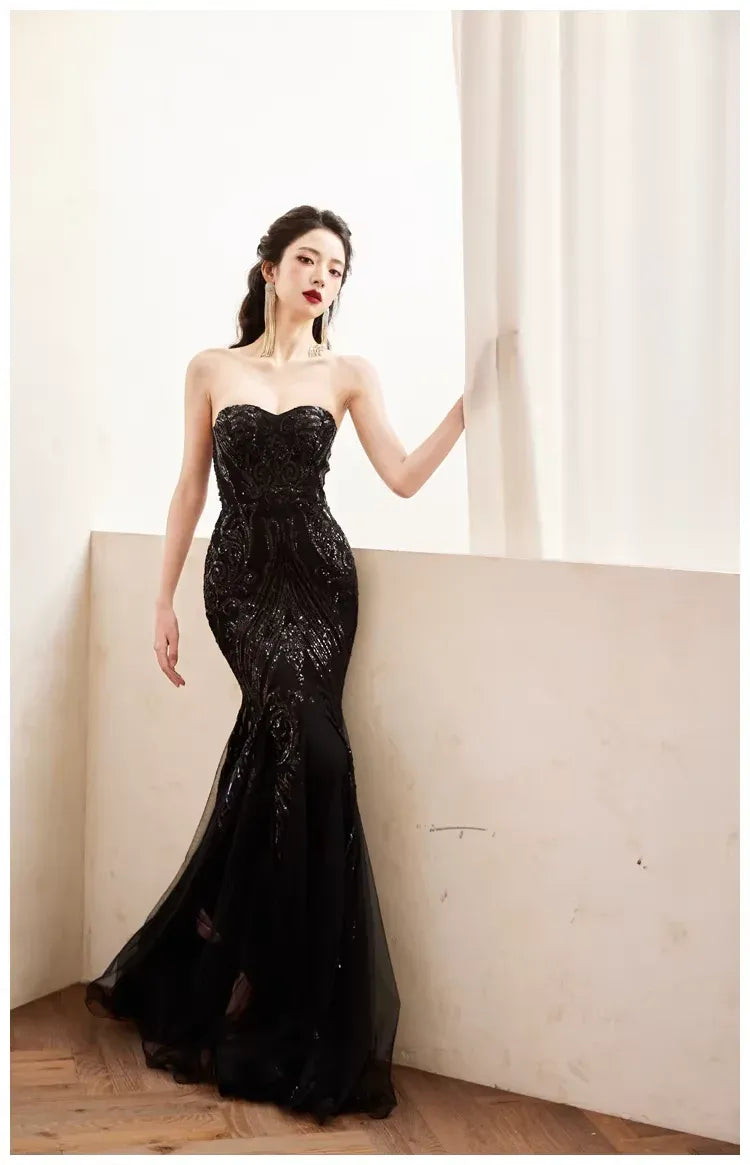 Shining Mermaid Sweetheart Sequin Tulle Black Floor Length Prom Dress