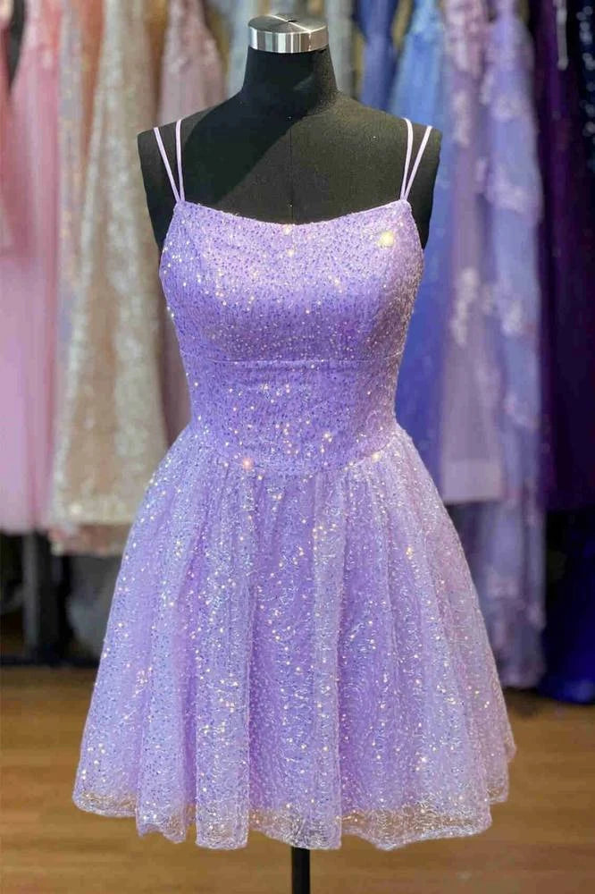 Shining A-Line Dual straps Lace Up Sequined Lavender Short Homecoming Dresses