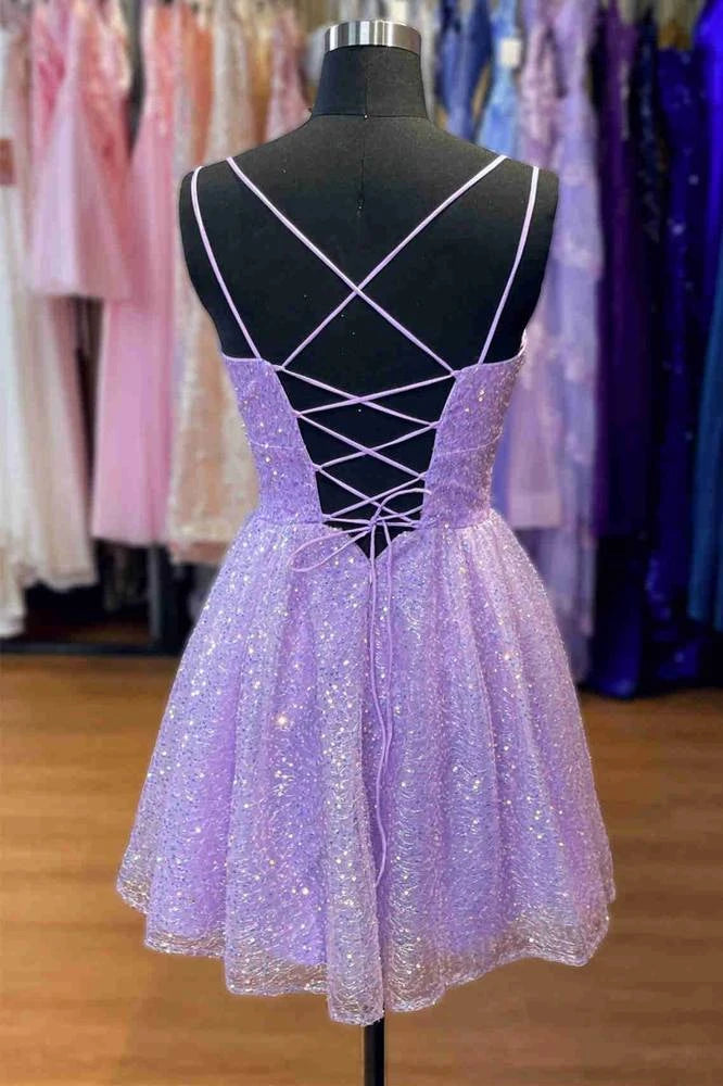 Shining A-Line Dual straps Lace Up Sequined Lavender Short Homecoming Dresses