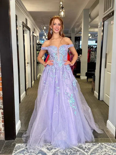 Shiny A-Line Off-The-Shoulder Lace Applique Tulle Lilac Long Prom Dress