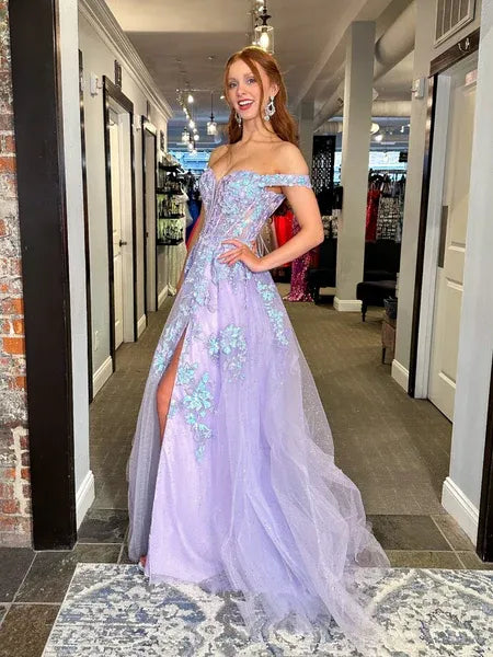 Shiny A-Line Off-The-Shoulder Lace Applique Tulle Lilac Long Prom Dress