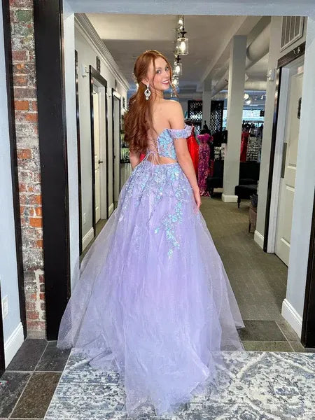 Shiny A-Line Off-The-Shoulder Lace Applique Tulle Lilac Long Prom Dress