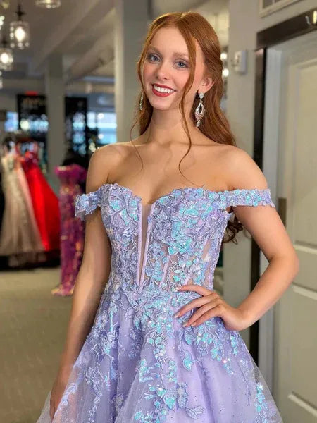 Shiny A-Line Off-The-Shoulder Lace Applique Tulle Lilac Long Prom Dress