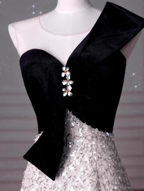 Shiny A-Line Round Neck Sequin Black Long Evening Dress Prom Dress