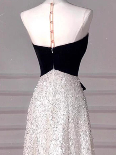Shiny A-Line Round Neck Sequin Black Long Evening Dress Prom Dress