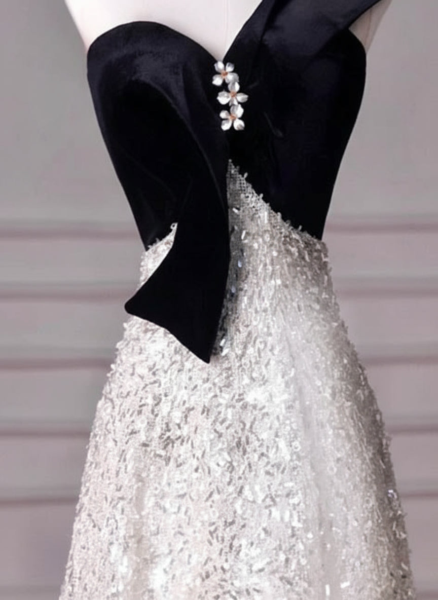 Shiny A-Line Round Neck Sequin Black Long Evening Dress Prom Dress