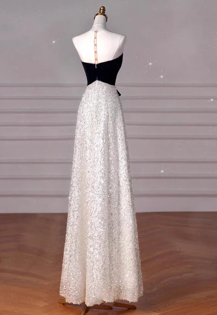 Shiny A-Line Round Neck Sequin Black Long Evening Dress Prom Dress