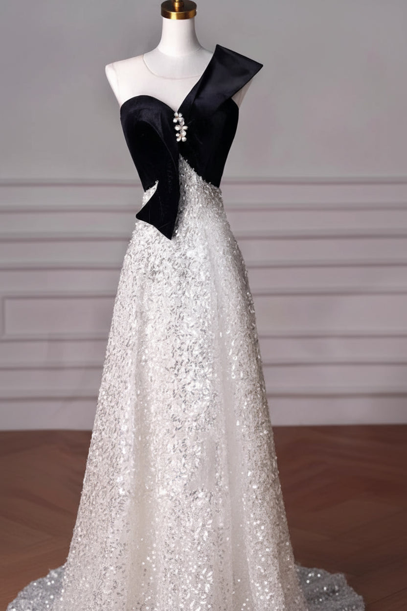 Shiny A-Line Round Neck Sequin Black Long Evening Dress Prom Dress