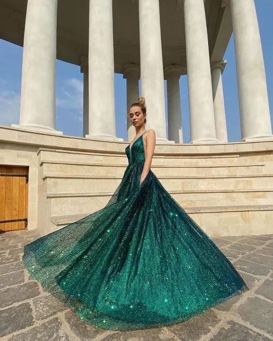 Shiny A-Line Spaghetti Straps Sleeveless Backless Floor-Length Prom Dress