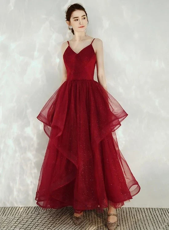 Shiny A-Line V-Neck Pleated Dark Red Long Party Dress Prom Dress