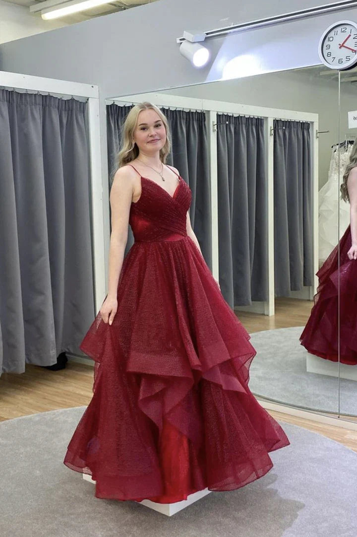 Shiny A-Line V-Neck Pleated Royal Blue Long Party Dress Prom Dress