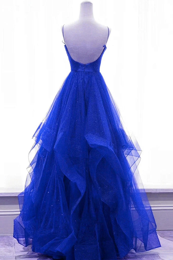Shiny A-Line V-Neck Pleated Royal Blue Long Party Dress Prom Dress