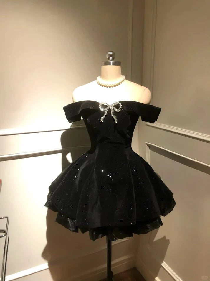 Shiny A-line Off-the-Shoulder Bow Black Short Cocktail Party Dresses