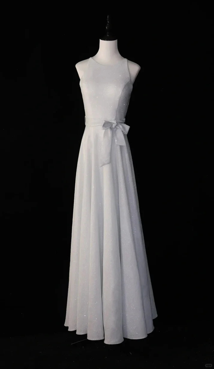 Shiny A-line Round Neck Tie Bow White Long Party Dresses Hot Sale