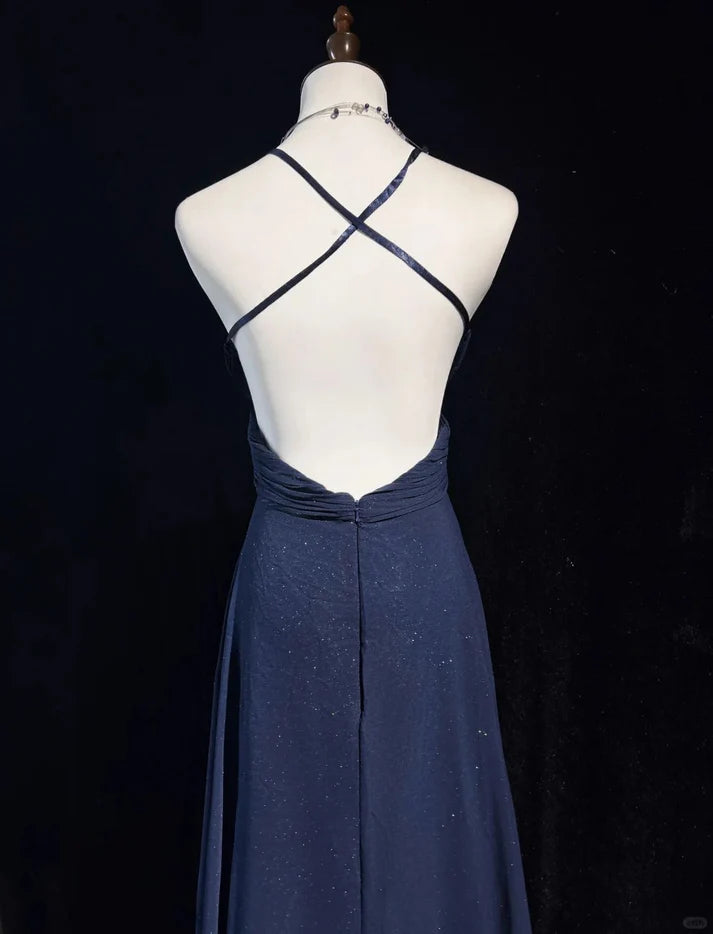 Shiny A-line Spaghetti Straps Pleated Backless Navy Blue Long Party Dress