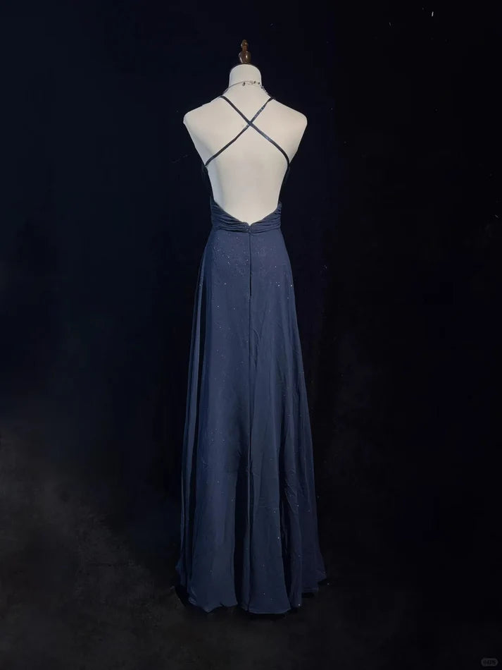 Shiny A-line Spaghetti Straps Pleated Backless Navy Blue Long Party Dress