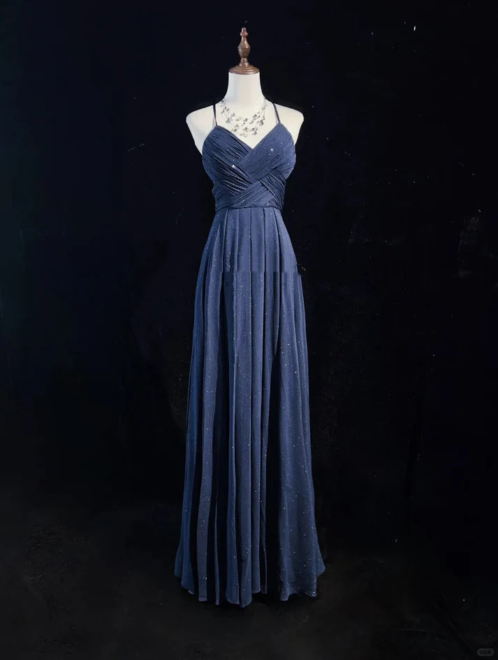 Shiny A-line Spaghetti Straps Pleated Backless Navy Blue Long Party Dress