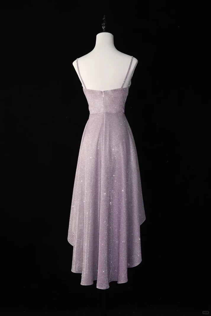 Shiny A-line Spaghetti Straps Satin Pink High Low Party Dress