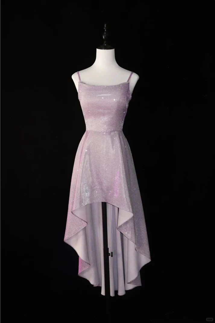 Shiny A-line Spaghetti Straps Satin Pink High Low Party Dress