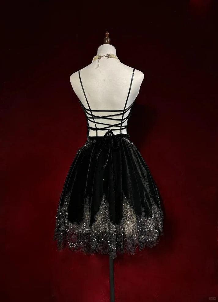Shiny A-line Sweetheart Beaded Lace Velvet Black Short Party Dress