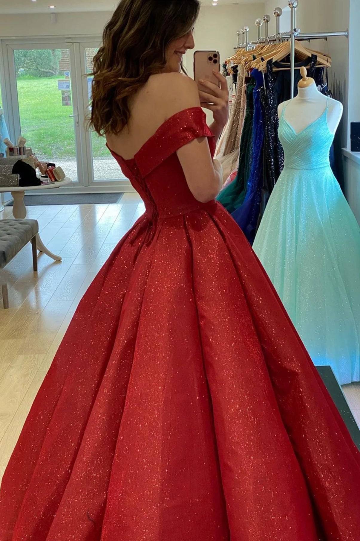 Shiny A Line Off-the-Shoulder Pleated Satin Red Long Prom Dress