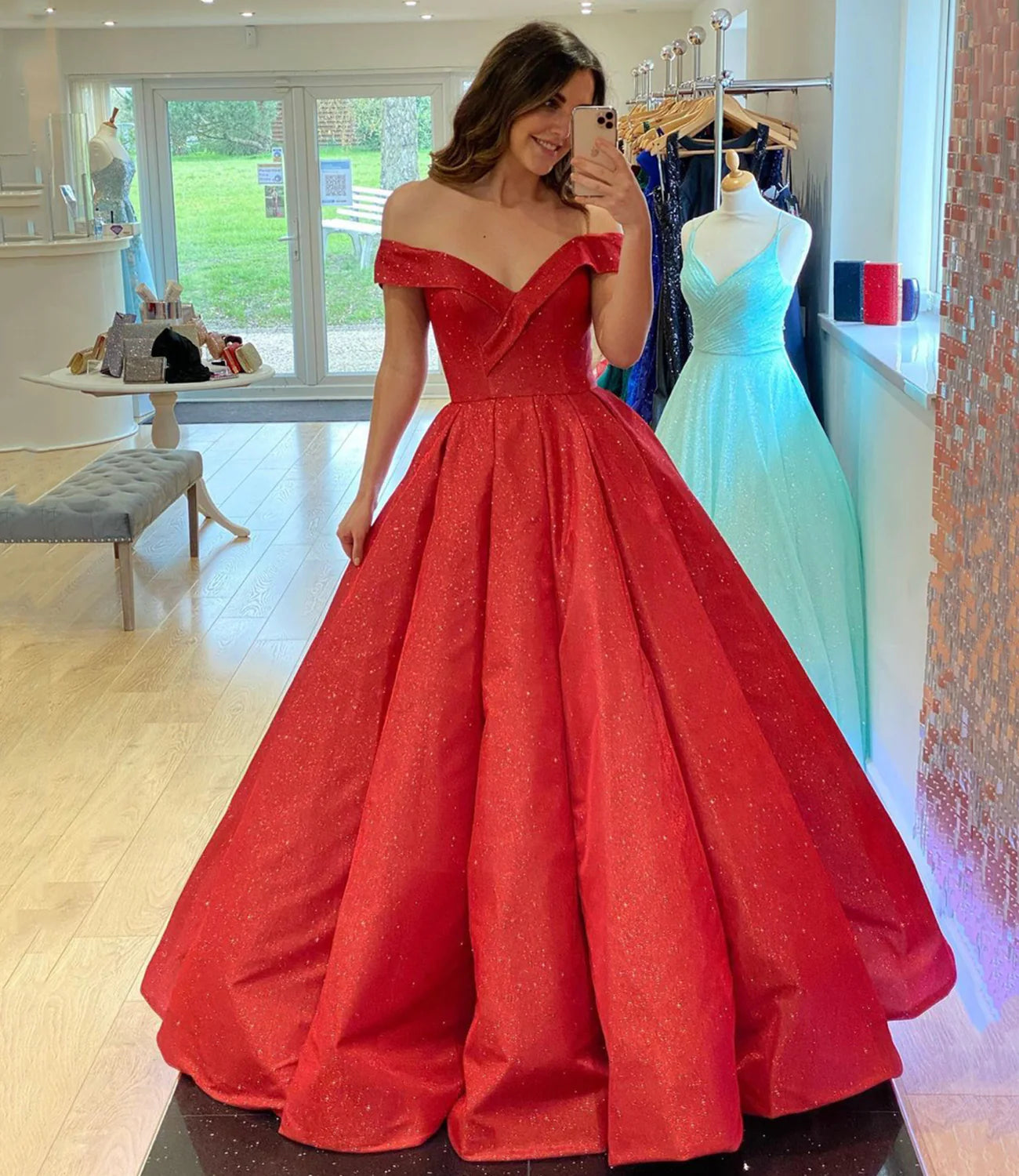 Shiny A Line Off-the-Shoulder Pleated Satin Red Long Prom Dress