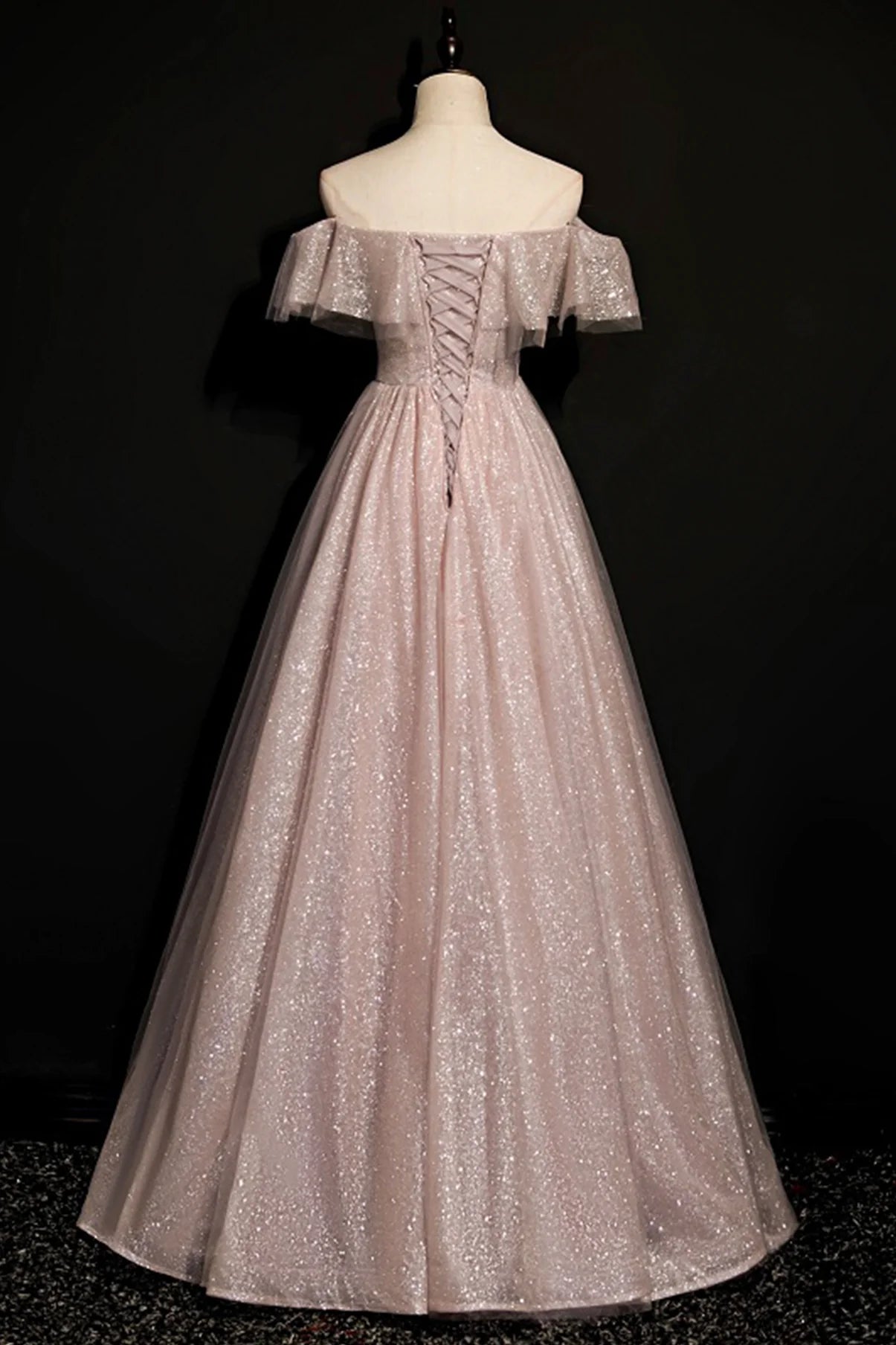 Shiny A Line Off-the-Shoulder Prom Dress Sequins Tulle Long Evening Dress