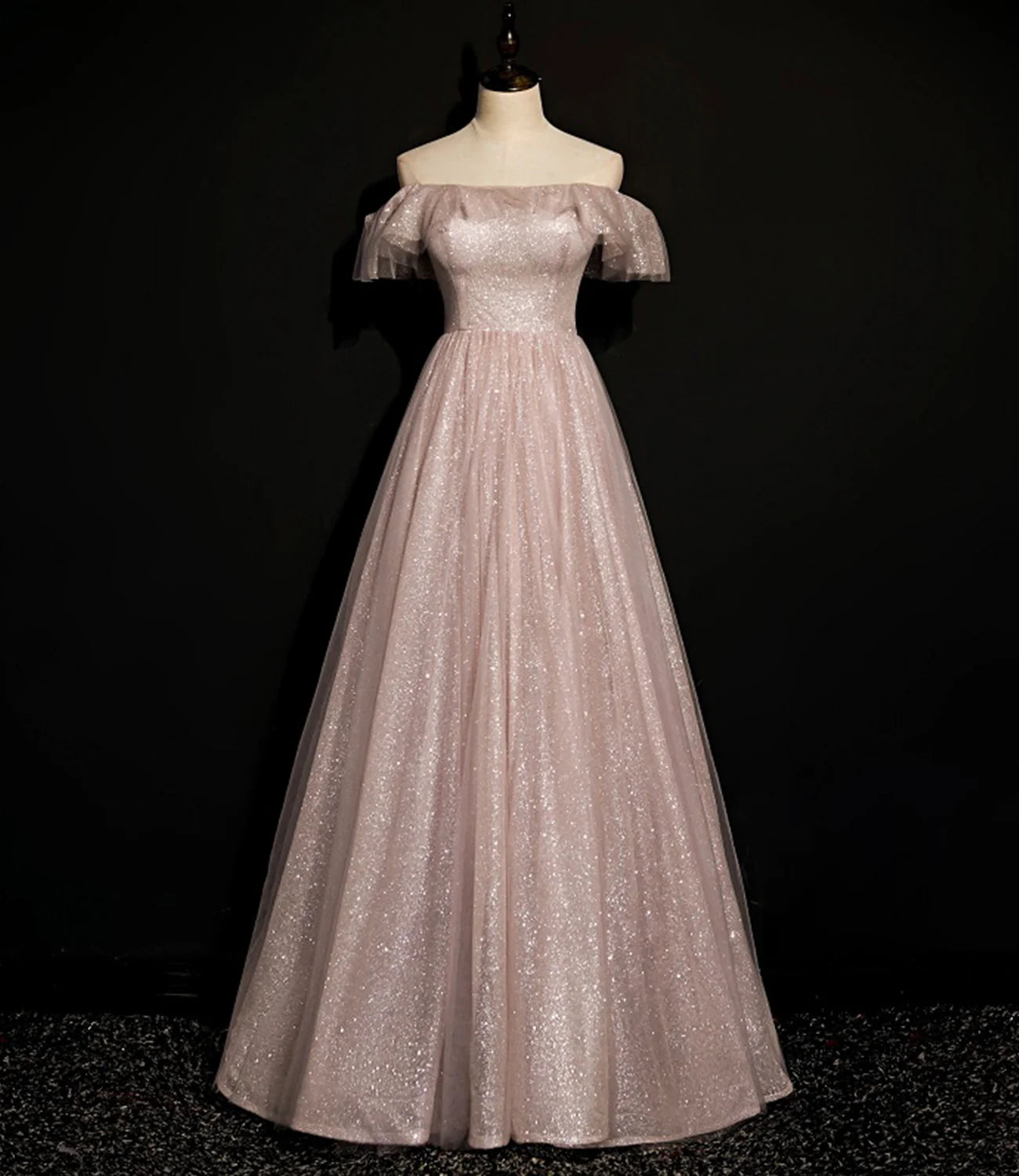 Shiny A Line Off-the-Shoulder Prom Dress Sequins Tulle Long Evening Dress