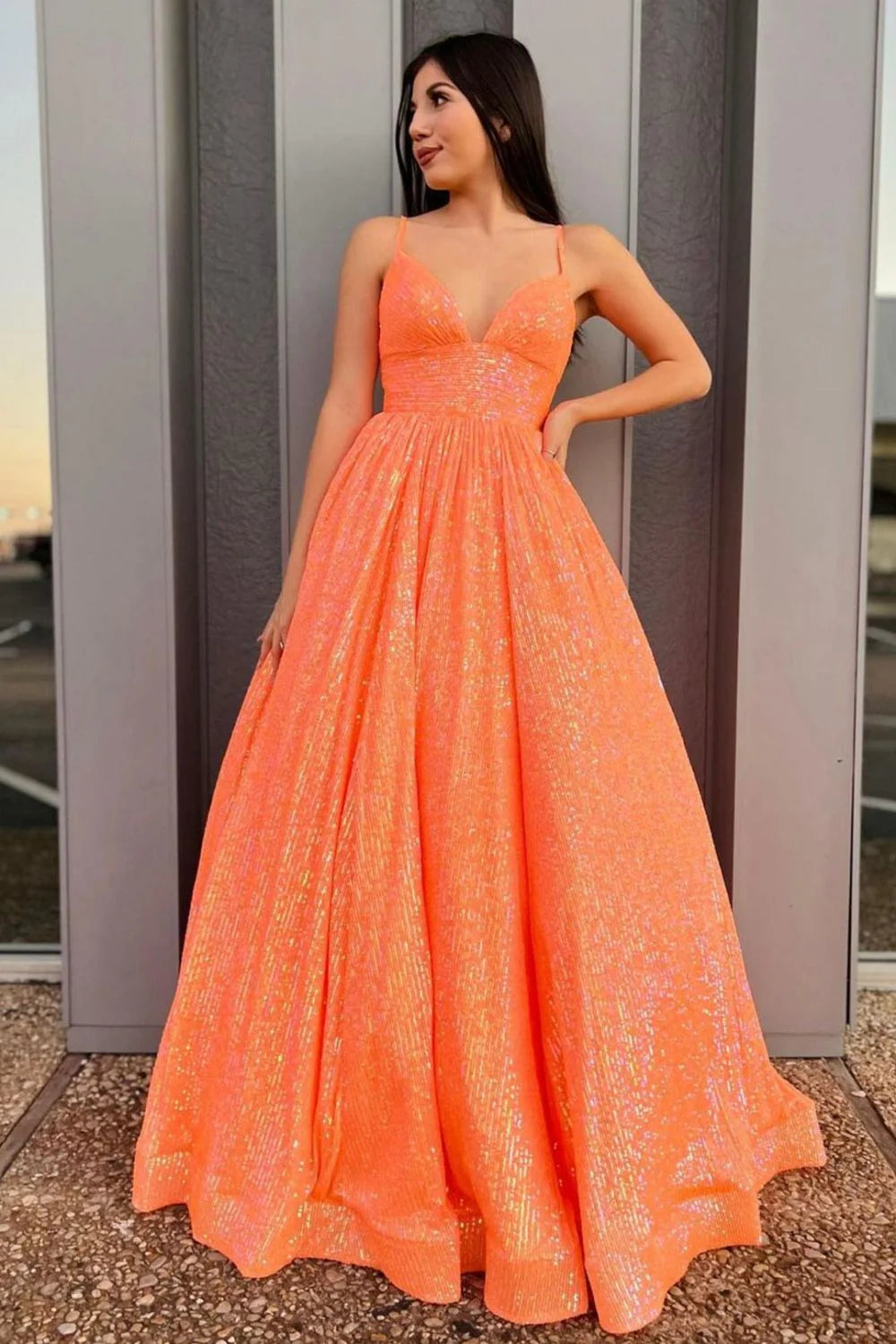Shiny A Line Spaghetti Straps Sequins Orange Floor Length Prom Dress