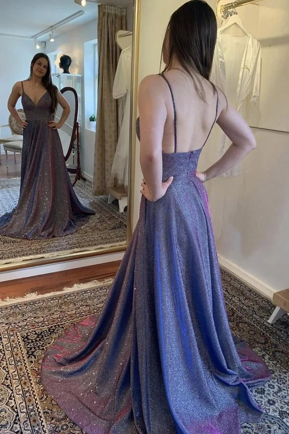 Shiny A line V Neck Floor Length Prom Dress Evening Dress