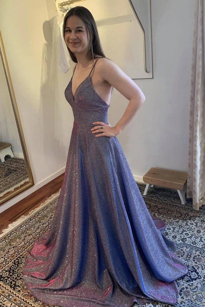 Shiny A line V Neck Floor Length Prom Dress Evening Dress