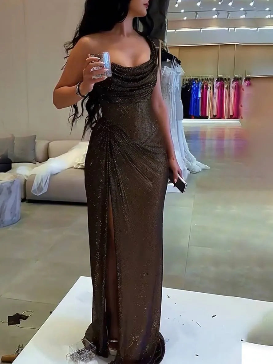 Shiny Ball Gown One Shoulder Sleeveless Sequins Pleated Floor-Length Evening Dress