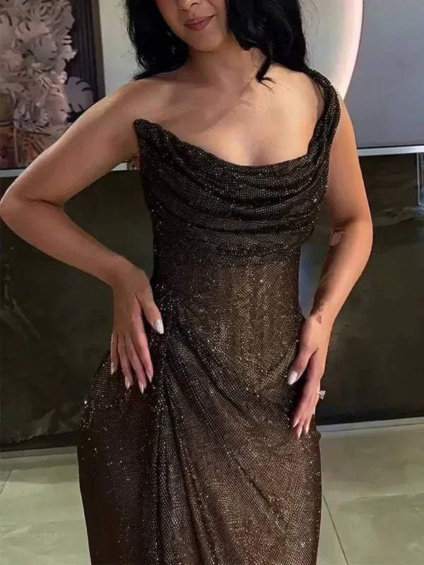 Shiny Ball Gown One Shoulder Sleeveless Sequins Pleated Floor-Length Evening Dress