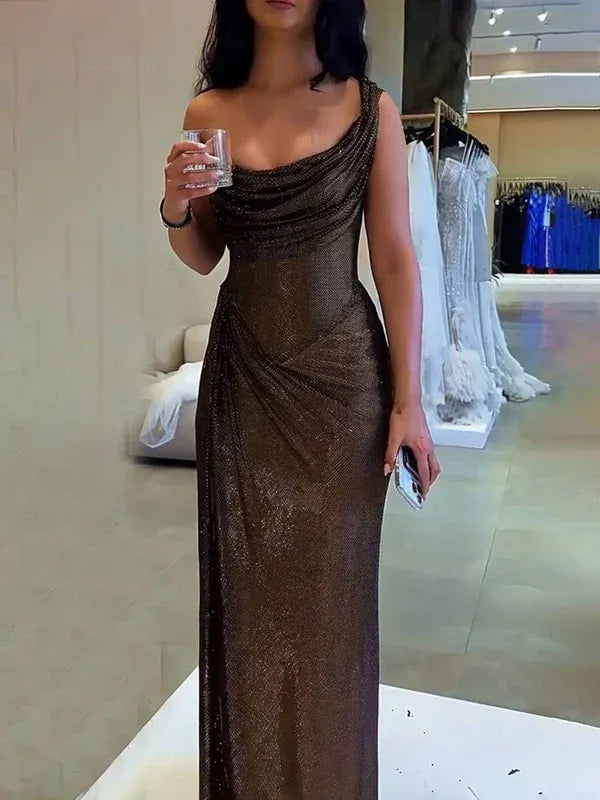 Shiny Ball Gown One Shoulder Sleeveless Sequins Pleated Floor-Length Evening Dress