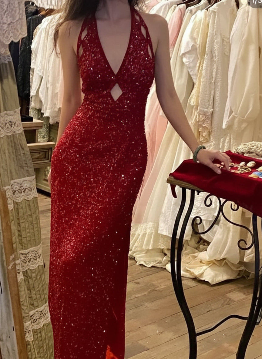 Shiny Halter Cutout Backless Sequins Long Prom Dress Party Dress