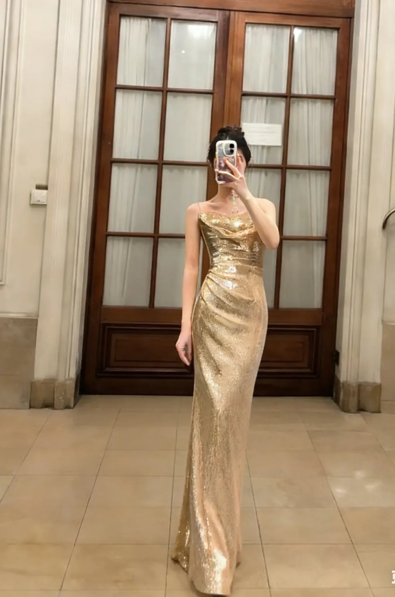 Shiny Mermaid Cowl Neck Spaghetti Strap Ruched Sequin Gold Long Prom Dress