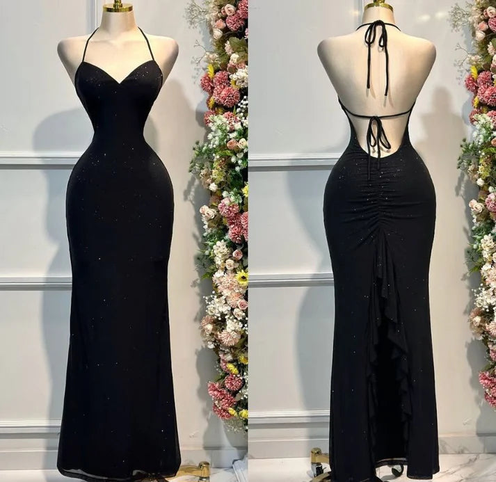 Shiny Mermaid Halter Open Back Black Long Prom Dress Party Dress