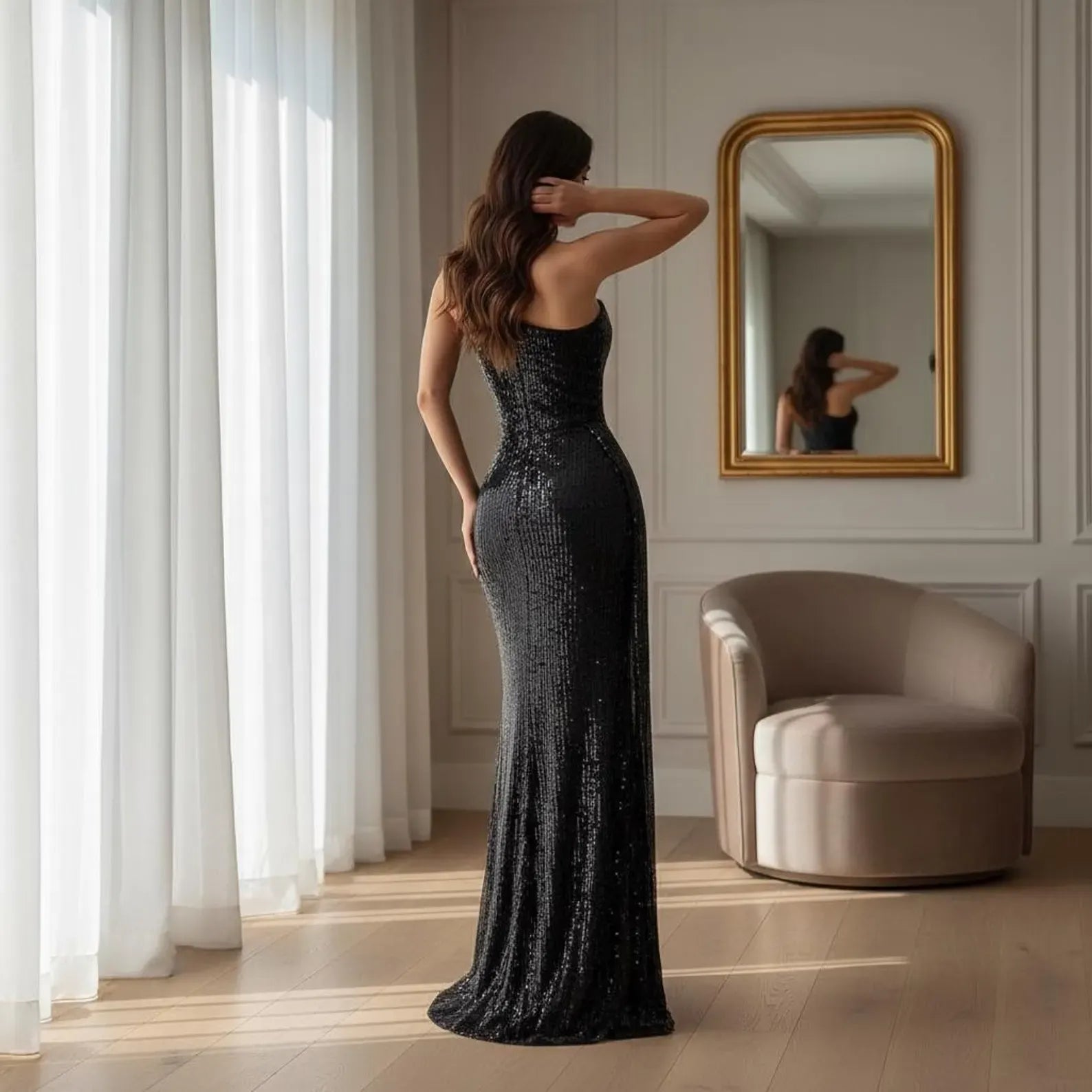 Shiny Mermaid One-Shoulder Ruched Sequin Black Floor-Length Prom Dress With Slit