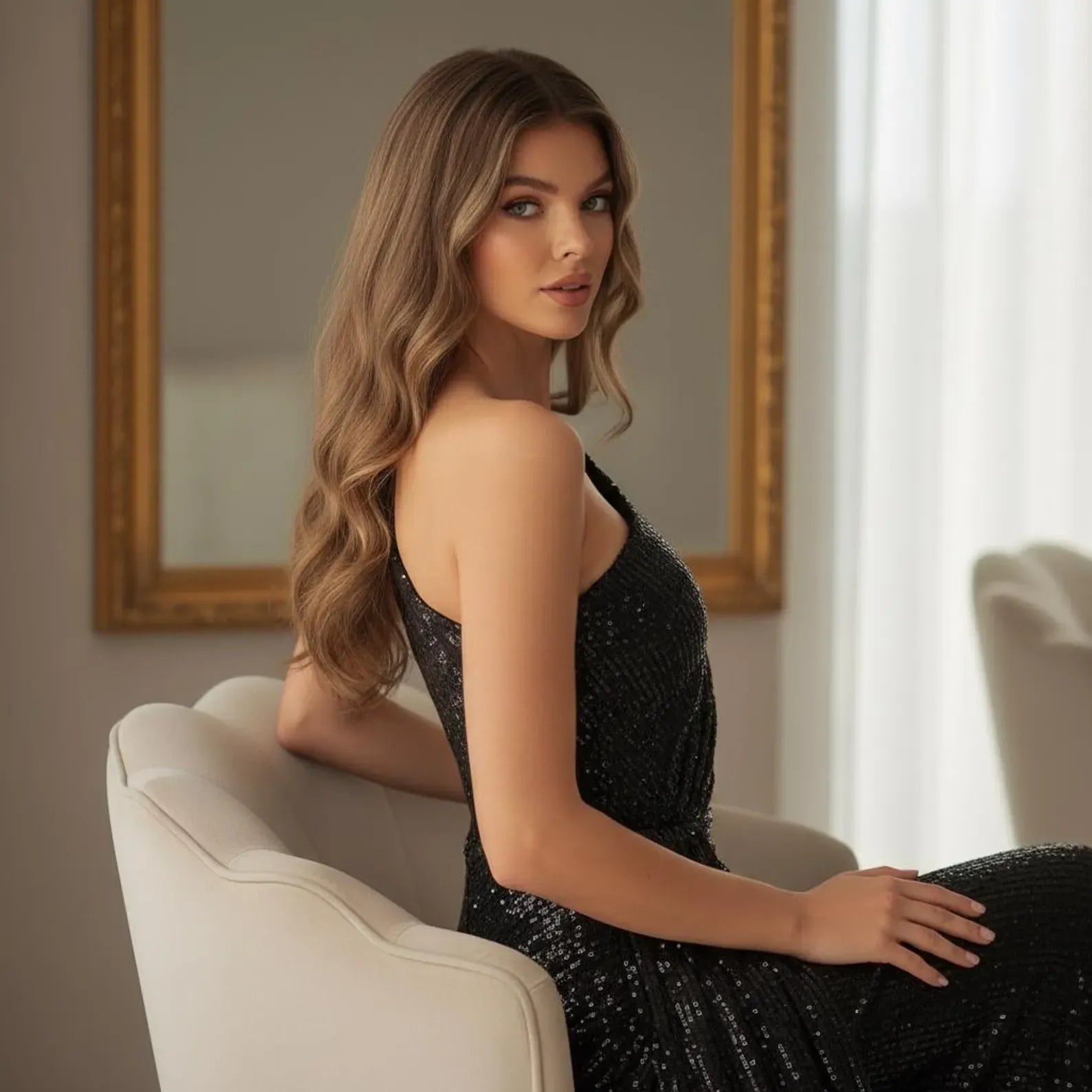 Shiny Mermaid One-Shoulder Ruched Sequin Black Floor-Length Prom Dress With Slit