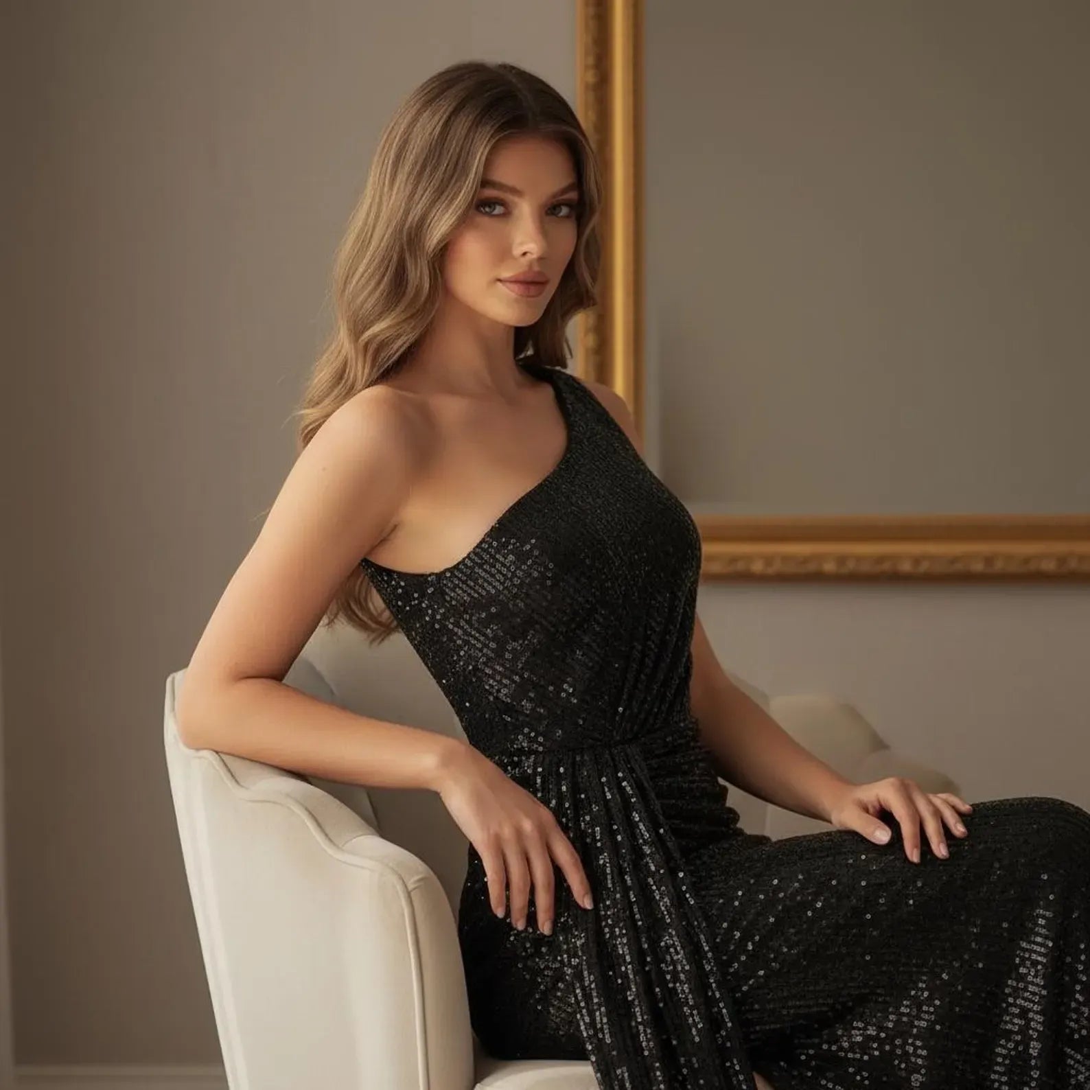 Shiny Mermaid One-Shoulder Ruched Sequin Black Floor-Length Prom Dress With Slit