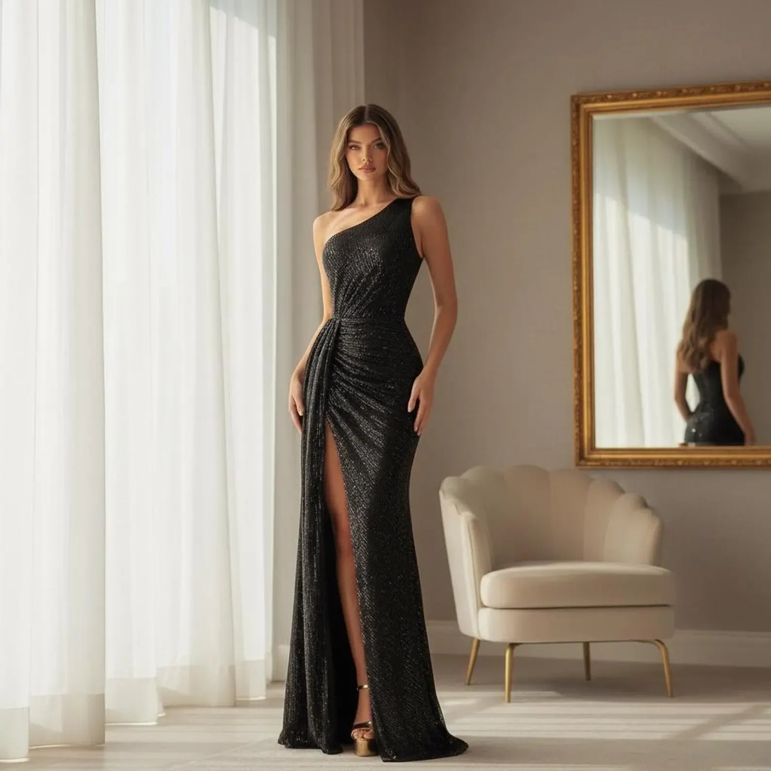 Shiny Mermaid One-Shoulder Ruched Sequin Black Floor-Length Prom Dress With Slit