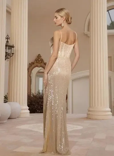 Shiny Mermaid Spaghetti Straps Corset Ruched Sequins Gold Floor-Length Prom Dress