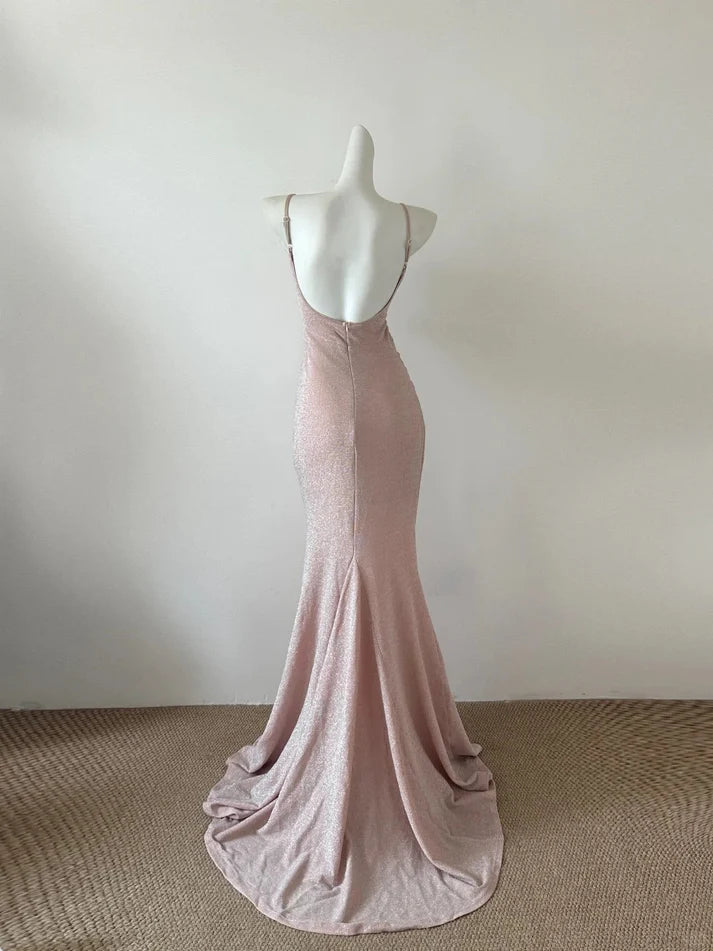 Shiny Mermaid Spaghetti Straps Pleated Backless Pink Long Party Dress