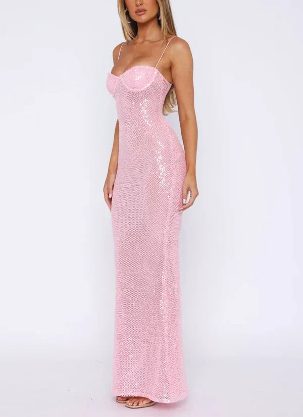 Shiny Mermaid Spaghetti Straps Sequin Pink Long Party Dress