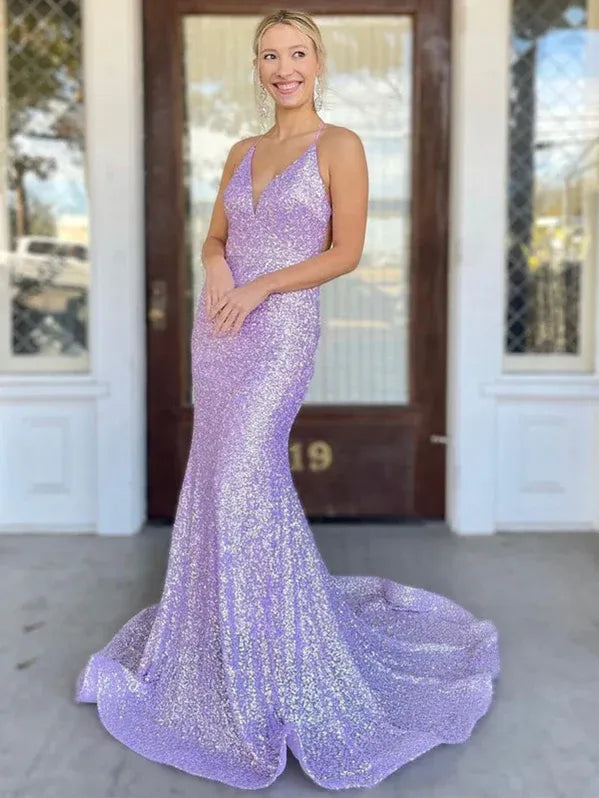 Shiny Mermaid V-Neck Open Back Sequin Lavender Prom Dress With Sweep Train
