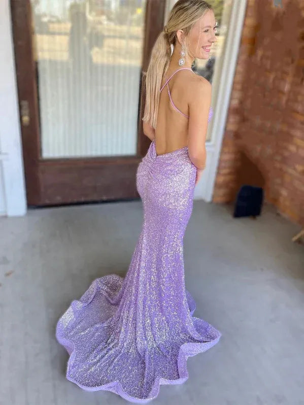 Shiny Mermaid V-Neck Open Back Sequin Lavender Prom Dress With Sweep Train