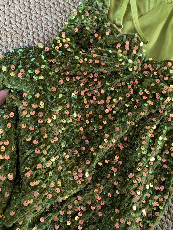 Shiny Mermaid V Neck Spaghetti Straps Velvet Sequin Green Long Party Dress