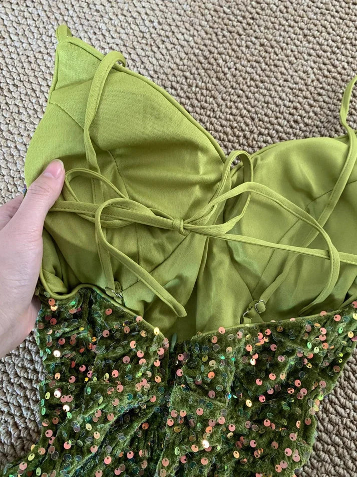 Shiny Mermaid V Neck Spaghetti Straps Velvet Sequin Green Long Party Dress