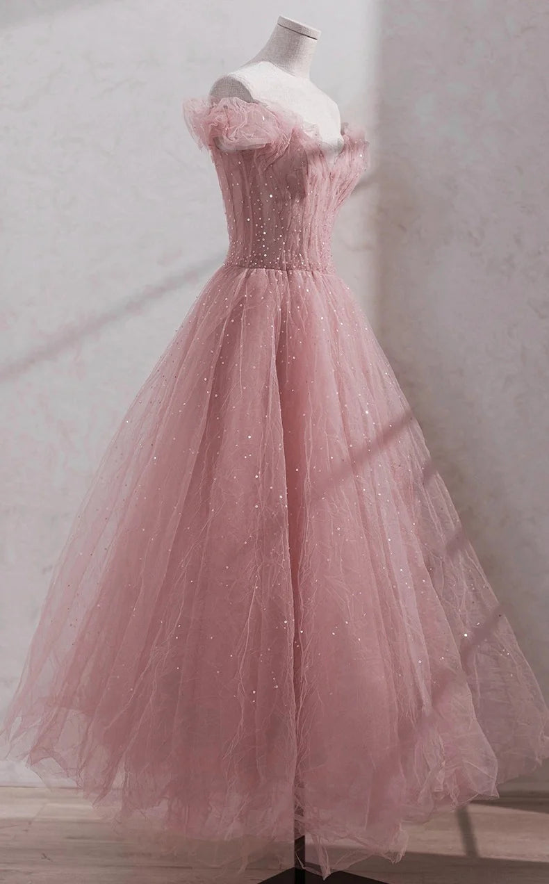 Shiny Off-the-Shoulder Pleated Tulle Pink Midi Prom Dress Custom